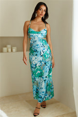 Needed Retreat Satin Maxi Dress Blue