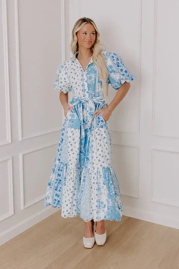 Love-Struck Floral Midi Dress in Sky Blue