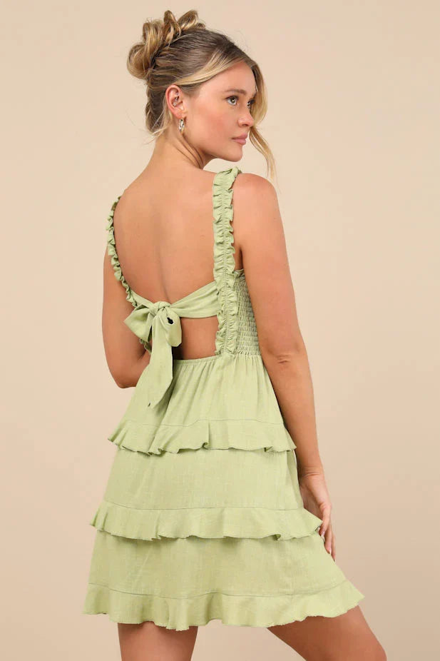 Super Sweet Lime Green Smocked Ruffled Tie-Back Mini Dress